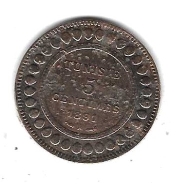  Tunesien 5 Centimes 1891, Bro, sehr gut erhalten, siehe Scan unten   