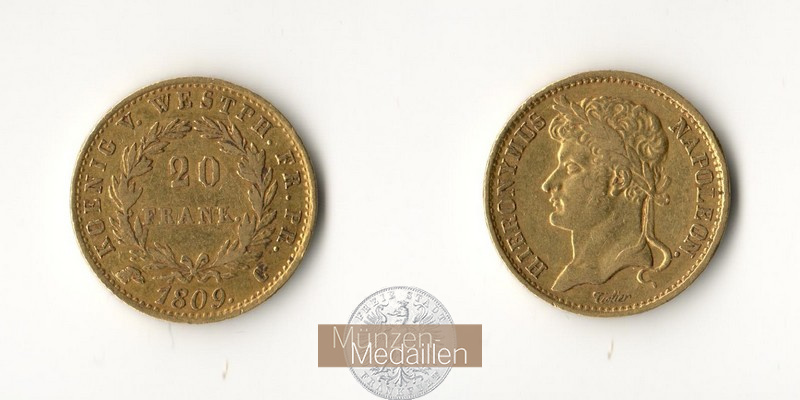 Westphalen, Königreich. 20 Francs MM-Frankfurt  Feingold: 5,81g Napoleon Hieronymus 1808-1813 1809 C 