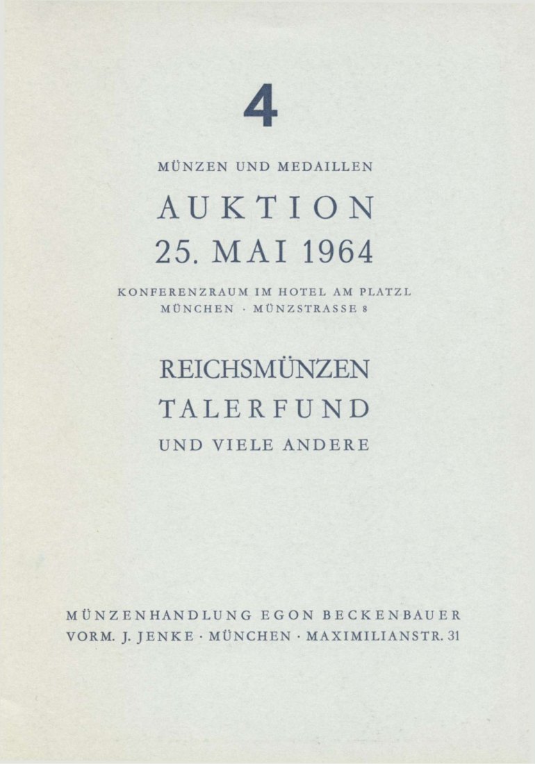  Beckenbauer (München) Auktion 4 (1964) ua Talerfund von Ebersroith vergraben um 1632   