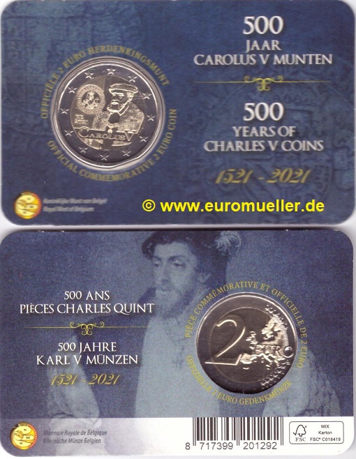 Belgien 2 Euro Gedenkmünze 2021...Carolus...niederl. Coincard   