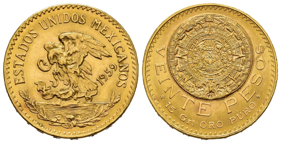 PEUS 7918 Mexiko 15 g Feingold 20 Pesos GOLD 1959 Kl. Kratzer, Fast Stempelglanz
