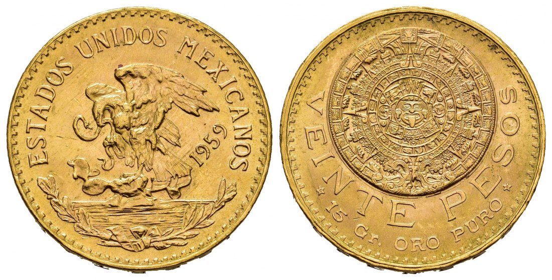 PEUS 7919 Mexiko 15 g Feingold 20 Pesos GOLD 1959 Kl. Kratzer, Fast Stempelglanz
