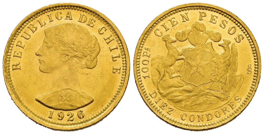 PEUS 7920 Chile 18,31 g Feingold 100 Pesos GOLD 1926 Kl. Kratzer, Vorzüglich