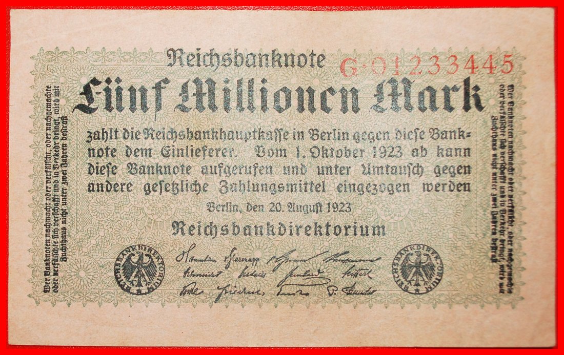 * REICHSBANKNOTE G 01233445: GERMANY ★ 5000000 MARK 1923! CRISP! LOW START ★ NO RESERVE!