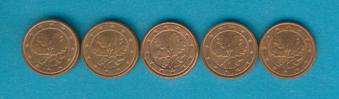  Deutschland 1 Cent 2002 A,D,F.G.J kompl.   