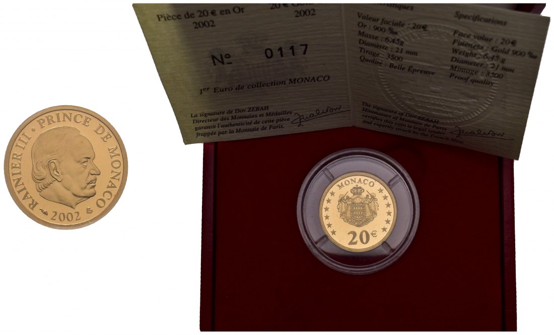 PEUS 7971 Monaco 5,81 g Feingold. Rainer III. (1949 - 2005) incl. Etui + Zertifikat 20 Euro GOLD 2002 Proof (Kapsel)