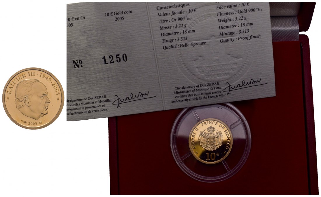 PEUS 7972 Monaco 2,9 g Feingold. Rainer III. (1949 - 2005) incl. Etui + Zertifikat 10 Euro GOLD 2005 Proof (Kapsel)