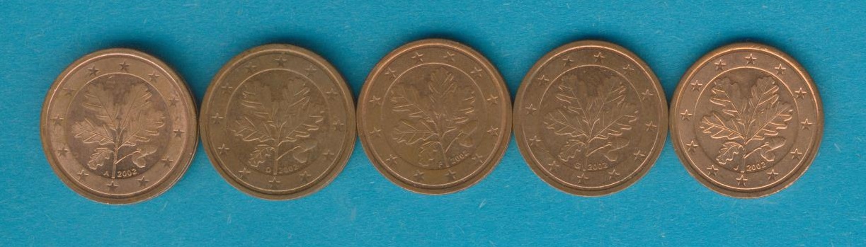  Deutschland 2 Cent 2002 A,D,F.G.J kompl.   