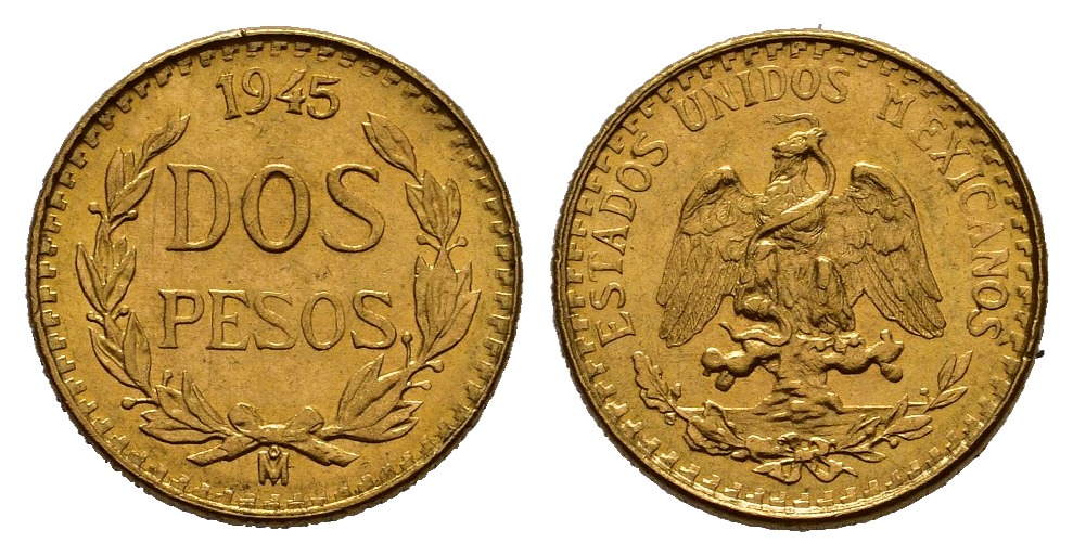 PEUS 7977 Mexiko 1,5 g Feingold 2 Pesos GOLD 1945 M Fast Stempelglanz