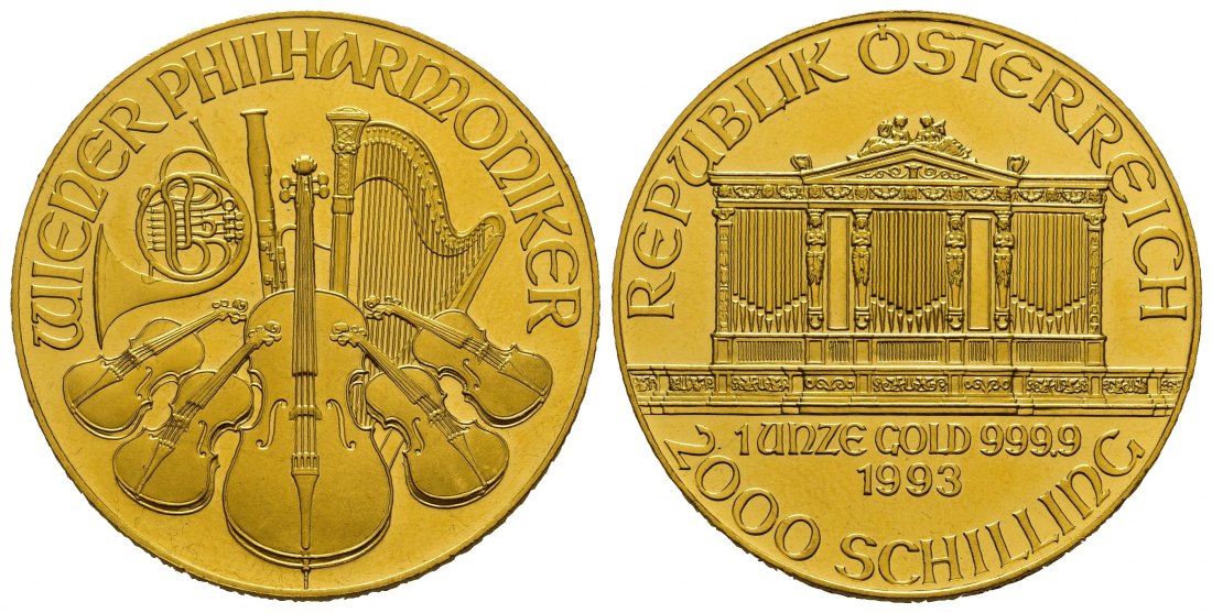 PEUS 7978 Österreich 31,1 g Feingold. Wiener Philharmoniker 2000 Schilling GOLD Unze 1993 Stempelglanz