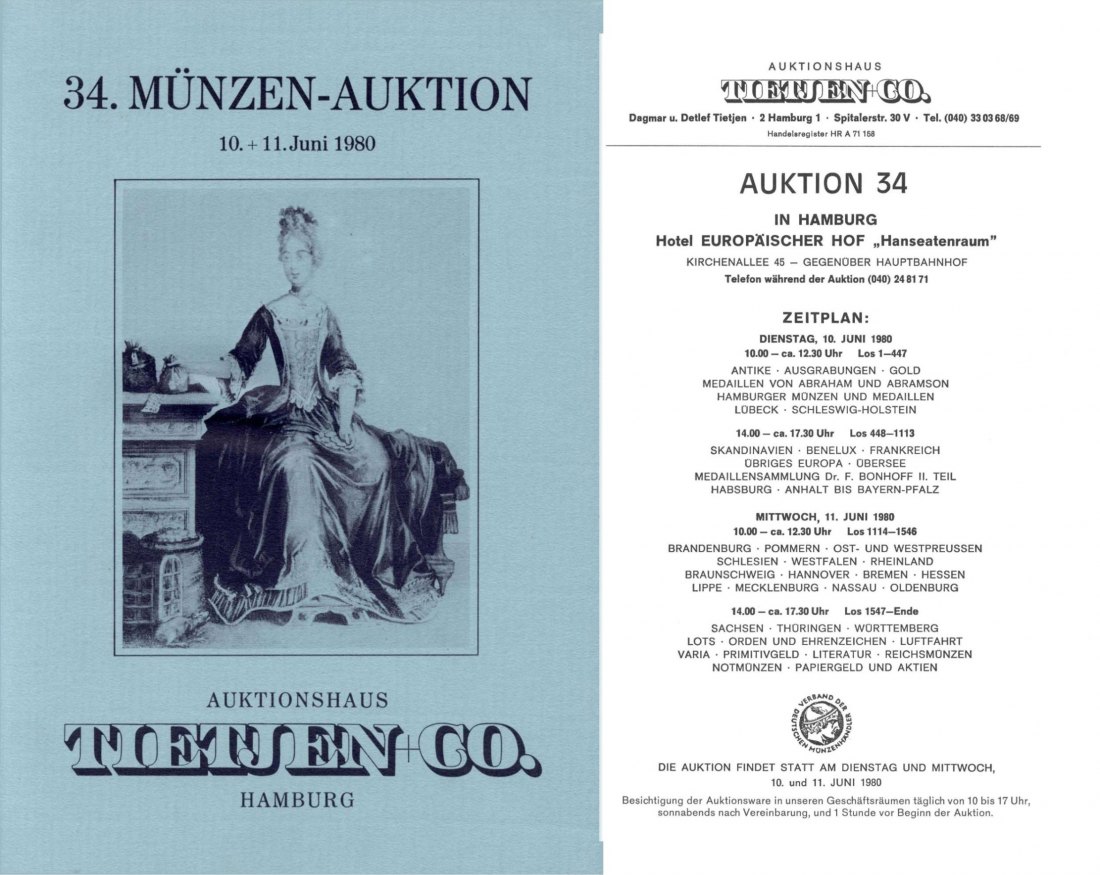  Tietjen (Hamburg) Auktion 34 (1980) Slg. BONHOFF -Medaillen Teil II. / Hamburg - Lübeck - Schleswig   
