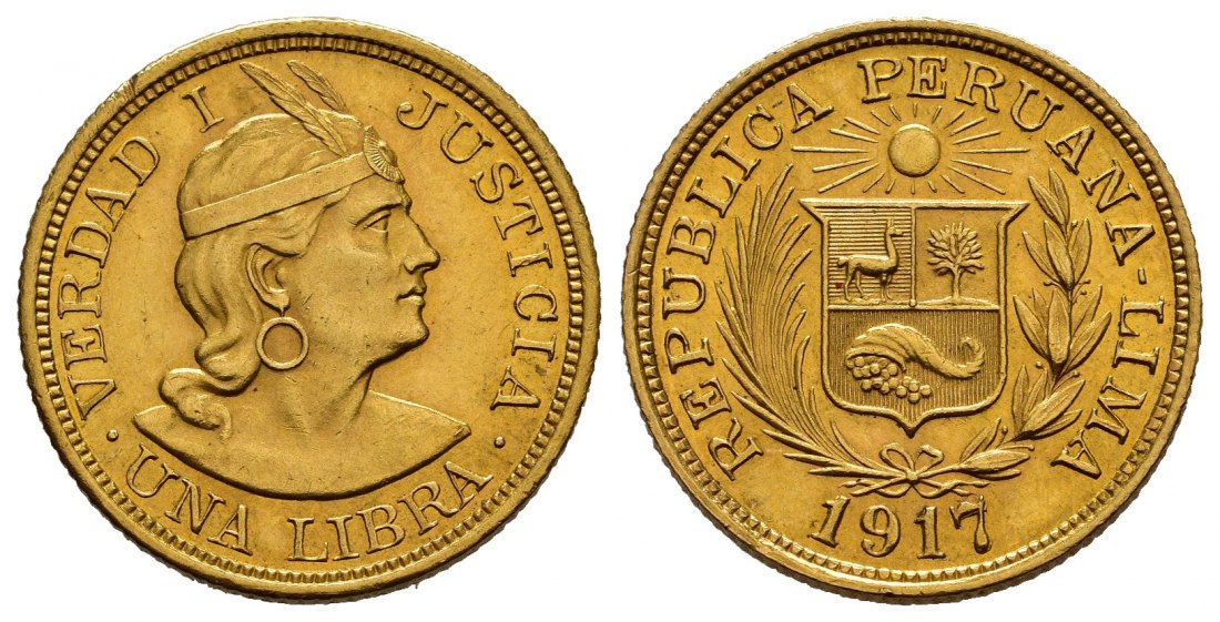 PEUS 7983 Peru 7,32 g Feingold. 1 Libra (Pound) GOLD 1917 Sehr schön +