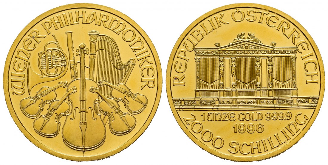 PEUS 7988 Österreich 31,1 g Feingold. Wiener Philharmoniker 2000 Schilling GOLD Unze 1996 Stempelglanz
