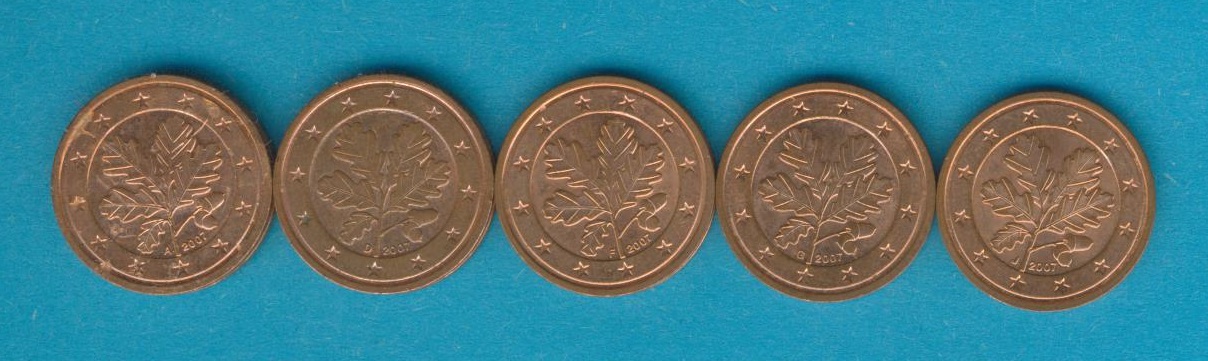  Deutschland 2 Cent 2007 A,D,F.G.J kompl.   