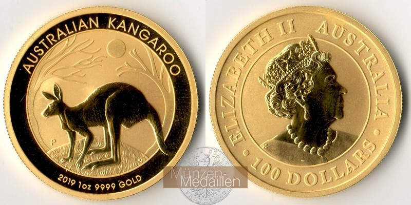 Australien  100 Dollar MM-Frankfurt Feingold: 31,1g Kangaroo 2019 