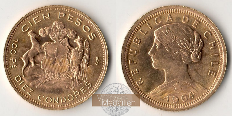 Chile MM-Frankfurt  Feingold: 18,30g 100 Pesos 1964 