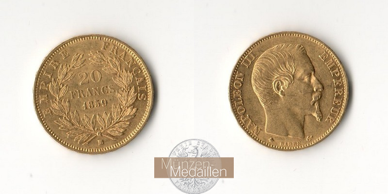 Frankreich  20 Francs MM-Frankfurt   Feinsilber: 5,81g Napoleon III. 1859 A 