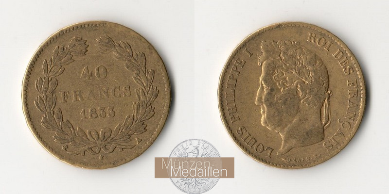 Frankreich MM-Frankfurt Feingold: 11,61g 40 Francs 1833 A 
