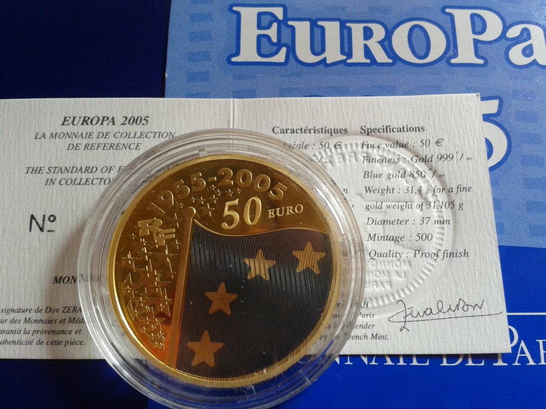  Original 50 euro 2005 PP Frankreich Europa blaue Fahne blaues Gold 1 Unze Gold   
