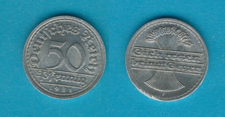  Weimarer Republik 50 Reichspfennig 1921 F   