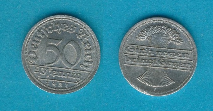  Weimarer Republik 50 Reichspfennig 1921 F   