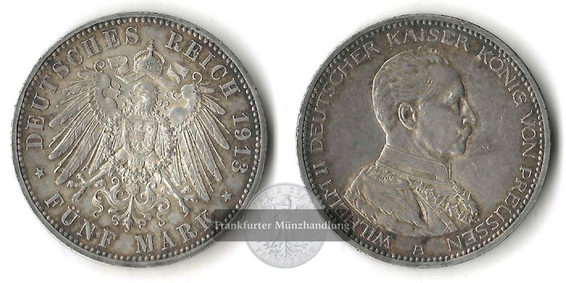  Preussen, Kaiserreich  5 Mark  1913 A  Wilhelm II. in Uniform  FM-Frankfurt Feinsilber: 25g   