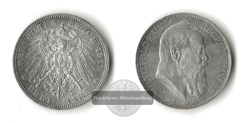  Bayern, Kaiserreich  3 Mark  1911 D  Luitpold   FM-Frankfurt Feinsilber: 15g   
