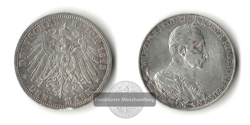  Kaiserreich, Preussen  3 Mark  1913 A  Wilhelm II. in Uniform  FM-Frankfurt Feinsilber: 15g   