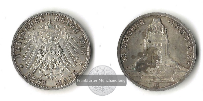  Sachsen, Kaiserreich  3 Mark  1913 E    Völkerschlacht bei Leipzig   FM-Frankfurt    Feinsilber: 15g   