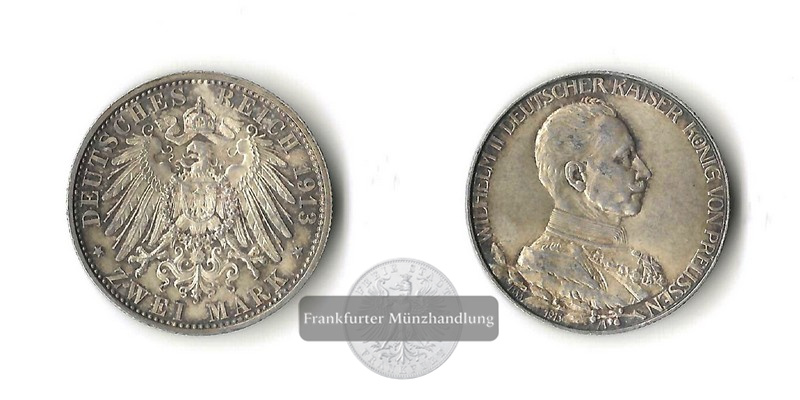  Kaiserreich, Preussen  2 Mark  1913 A  Wilhelm II. in Uniform   FM-Frankfurt Feinsilber: 10g   