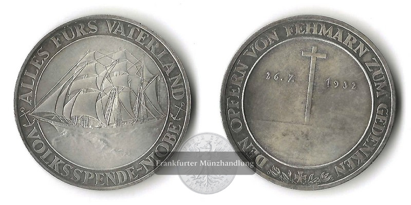  Deutschland, Silbermedaille   1932 Fehmarn FM-Frankfurt Feinsilber: 19,57g   