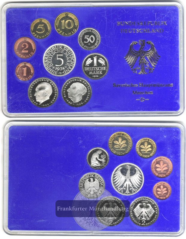  Deutschland,  Deutsche Mark Kursmünzensatz  1974 D Feingehalt: 7g   