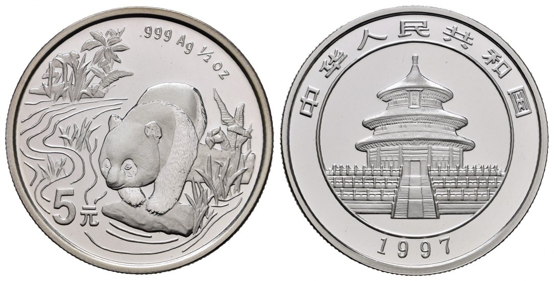 PEUS 7934 China 15,55 g Feinsilber. Panda am Fluss 5 Yuan SILBER 1997 Proof (Kapsel)