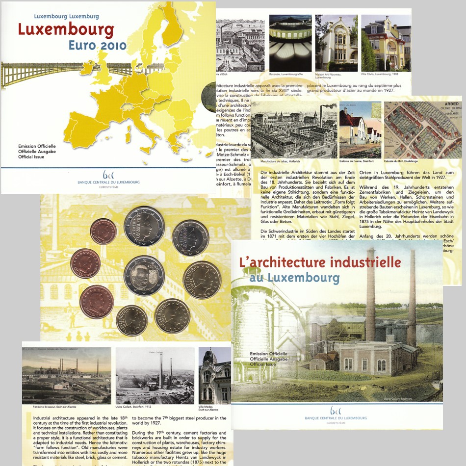  Offiz. Euro-KMS Luxemburg *Eisen und Glas* 2010 mit 2 €-Sondermünze 9M nur 7.500 Stück!   