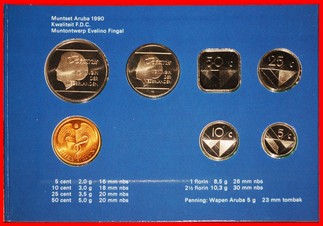 * NETHERLANDS: ARUBA ★ 5-10-25-50 CENTS 1-2 1/2 FLORINS 1990 FDC SET★LOW START ★ NO RESERVE!