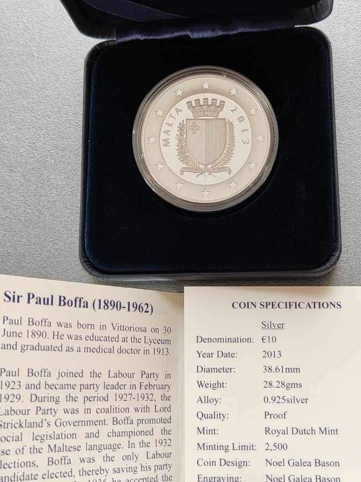  10 Euro Silber in proof Malta 2013 <i>Sir Paul Boffa</i>, Aufl. nur rare 2.500 Ex.   