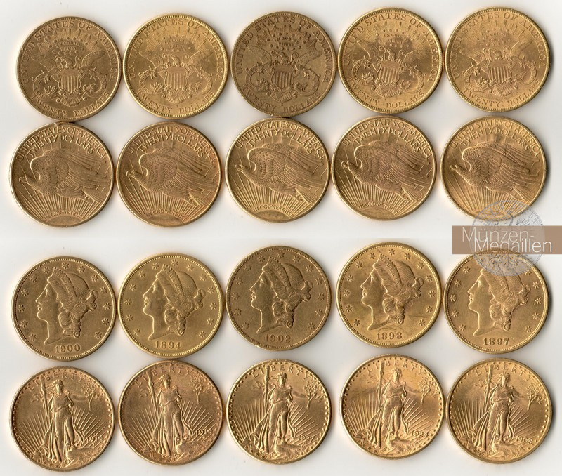 USA MM-Frankfurt Feingold: 300,9g 20 Dollar - 10 Stück verschiedene Double Eagle
