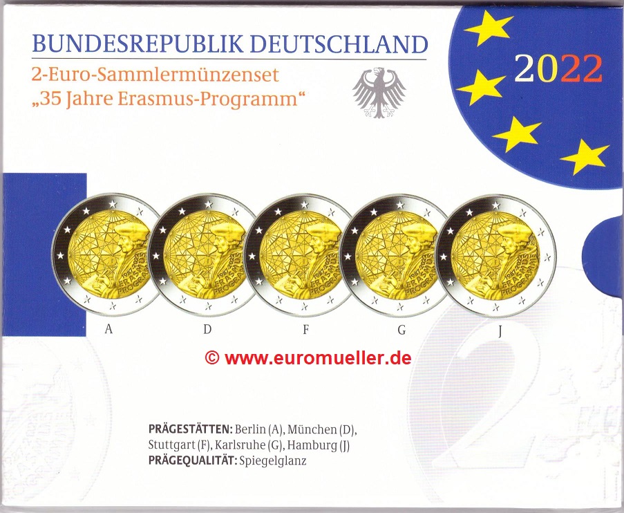 Deutschland 5x 2 Euro Gedenkmünze 2022...Erasmus...PP   