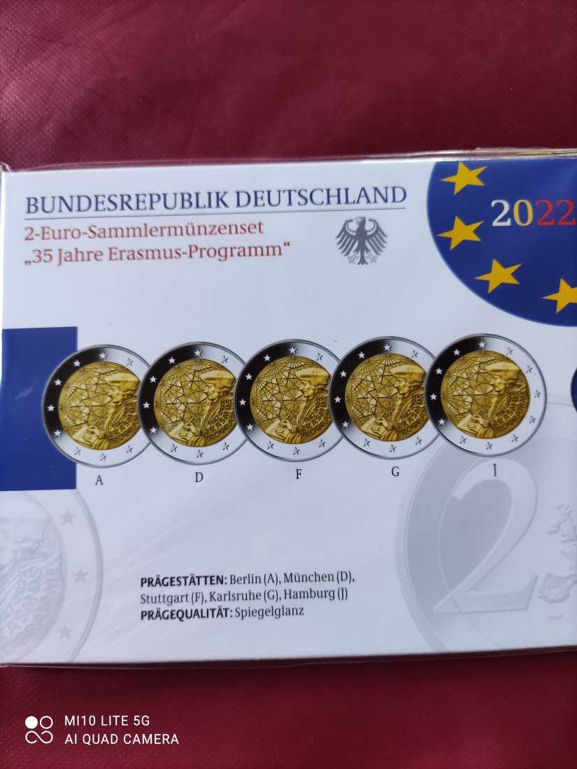  Erasmus Deutschland 5 x 2 Euro 2022 ADFGJ Spiegelglanz PP Proof im Original Folder   