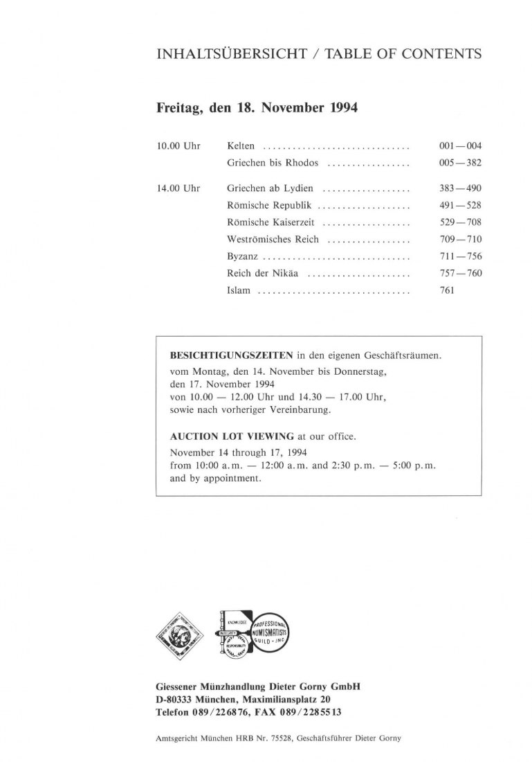  Gorny (München) Auktion 69 (1994) Münzen der Antike - Kelten ,Griechen ,Römer ,Byzantiner   