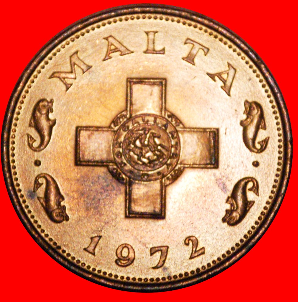  * GEORGE CROSS and 4 DOLPHINS ★MALTA★ 1 CENT 1972! UNC! MINT LUSTRE! LOW START ★ NO RESERVE!   