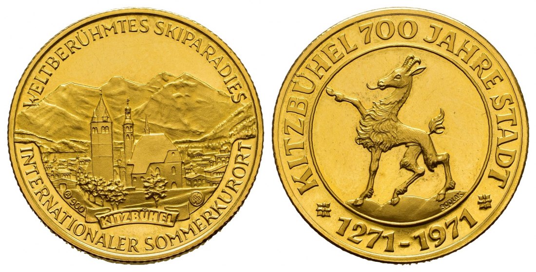 PEUS 8020 Österreich / Kitzbühel 25 mm / 8,5 g Feingold. Wappen / Stadtansicht Goldmedaille 1971 Impaired Proof