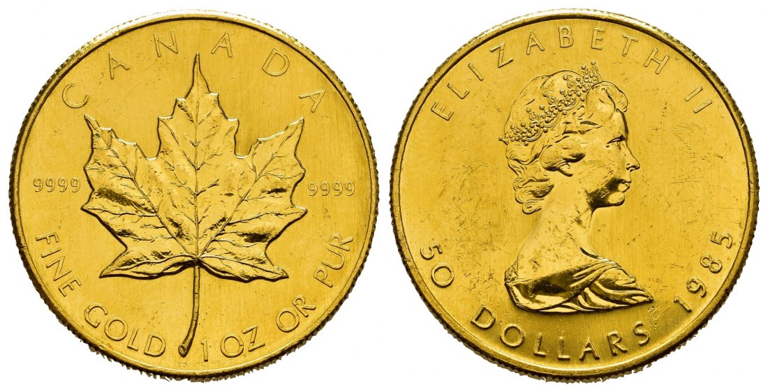 PEUS 8029 Kanada 31,1 g Feingold. Maple Leaf 50 Dollars GOLD Unze 1985 Kl. Kratzer, fast Vorzüglich