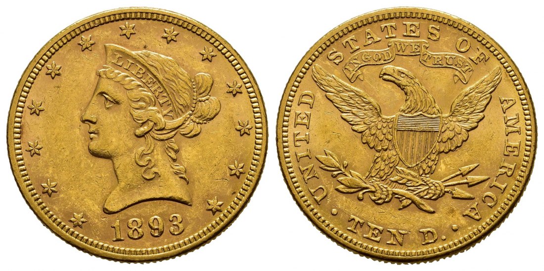 PEUS 8035 USA 15,05 g Feingold. Coronet Head 10 Dollars GOLD 1893 Kl. Kratzer, sehr schön +