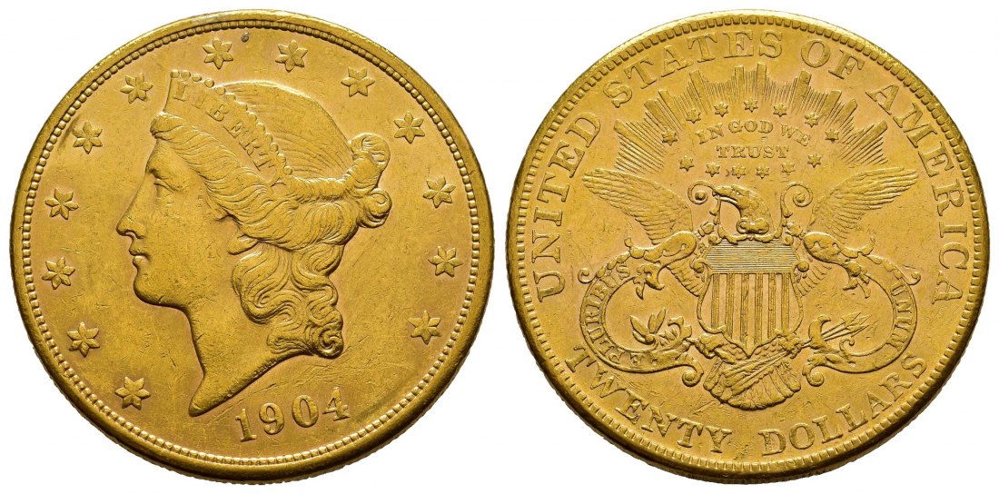 PEUS 8038 USA 30,1 g Feingold. Coronet Head 20 Dollars GOLD 1904 Kl. Kratzer, fast Vorzüglich