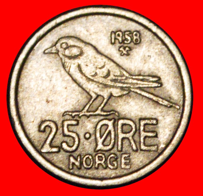  * BIRD (1958-1973): NORWAY ★ 25 ORE 1958 UNCOMMON! OLAV V (1957-1991)★LOW START ★ NO RESERVE!   