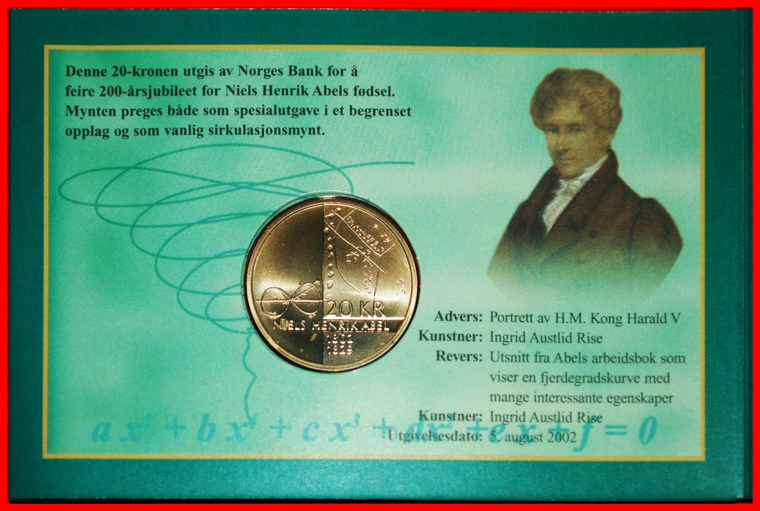  * ABEL 1802 1829: NORWAY ★ 20 CROWNS 2002 BU MINT LUSTRE! JUST PUBLISHED!★LOW START ★ NO RESERVE!   