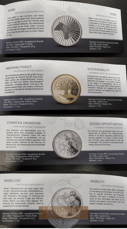 Ruanda  10 FRW  2020 MM-Frankfurt  Feingewicht: 0,5g je Münze Expo Dubai Set 4 Different Metal Coins  