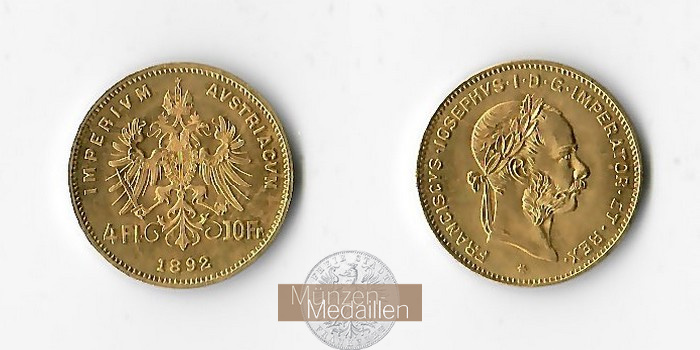 Österreich MM-Frankfurt   Feingold: 2,9g 4 Florin - 10 Francs 1892 NP 