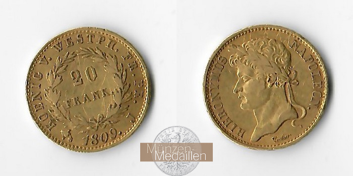 Westphalen, Königreich. 20 Francs MM-Frankfurt  Feingold: 5,81g Hyronimus Napoleon I. 1804-1815 1809 J 